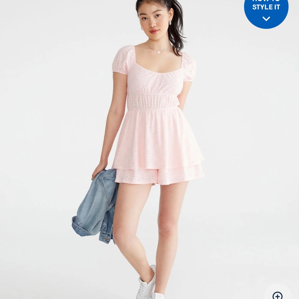 Eyelet Scoop-Neck Romper Pink Junior’s XS